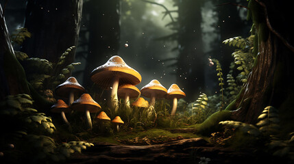 A cluster of mushrooms in a dark forest. - obrazy, fototapety, plakaty