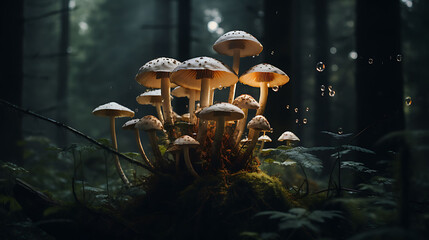 A cluster of mushrooms in a dark forest. - obrazy, fototapety, plakaty