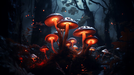 A cluster of mushrooms in a dark forest.