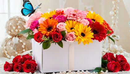 a white gift box with a bunch of colorful flowers and butterflies on it.