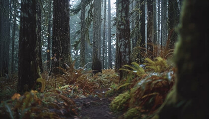 Obraz premium Photo of a pacific northwest forrest on a rainy day, foggy and mystic mountain forrest, gloomy dark forest during a foggy day, North Vancouver, British Columbia, Canada, European forrest