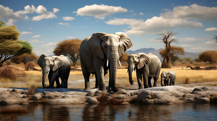 A family of elephants at a watering hole. - obrazy, fototapety, plakaty