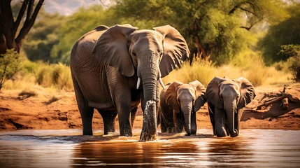 Fototapeten A family of elephants at a watering hole. © Muhammad