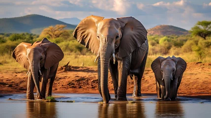 Foto op Canvas A family of elephants at a watering hole. © Muhammad