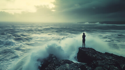Silhueta resiliente Pessoa contemplando o oceano durante um pôr do sol turbulento transmitindo calma e determinação - obrazy, fototapety, plakaty