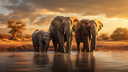 A family of elephants at a watering hole. - obrazy, fototapety, plakaty