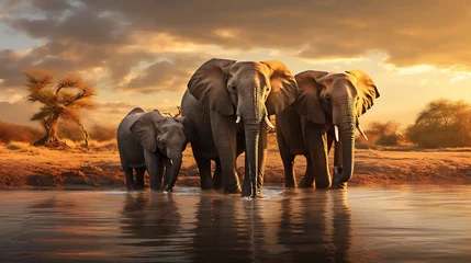 Foto op Canvas A family of elephants at a watering hole. © Muhammad