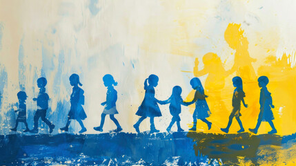 An illustration of kids with down syndrome walking among healthy children is a conceptual image. Care, support and social tolerance