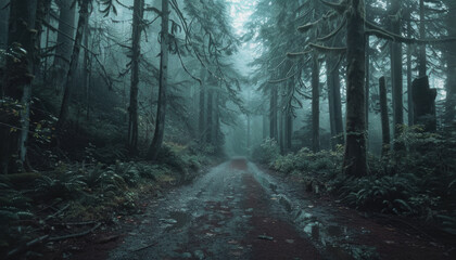 Obraz premium Photo of a pacific northwest forrest on a rainy day, foggy and mystic mountain forrest, gloomy dark forest during a foggy day, North Vancouver, British Columbia, Canada, European forrest