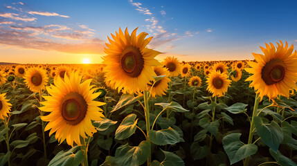 A field of sunflowers facing the sun.