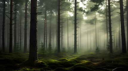 Fototapeta na wymiar A foggy morning in a pine forest.