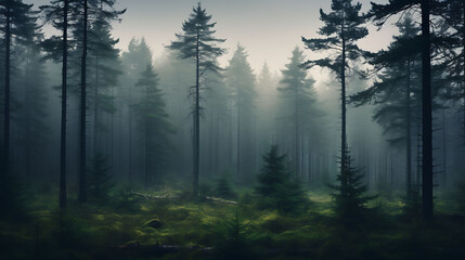 A foggy morning in a pine forest. - obrazy, fototapety, plakaty