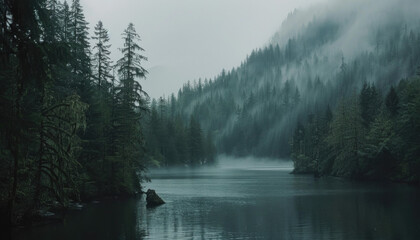 Naklejka premium Photo of a pacific northwest forrest on a rainy day, foggy and mystic mountain forrest, gloomy dark forest during a foggy day, North Vancouver, British Columbia, Canada, European forrest