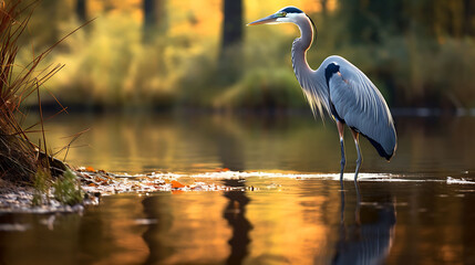 A heron wading in a shallow pond. - obrazy, fototapety, plakaty