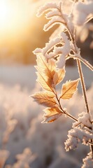 Winter landscape with frosty leaves and sun. Generative AI.