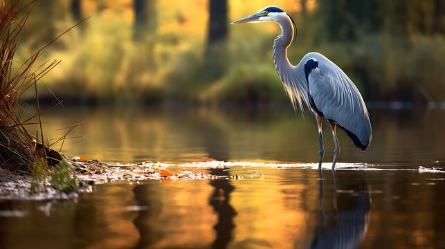 A heron wading in a shallow pond.