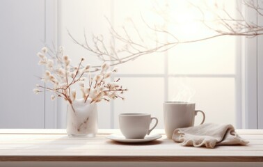 Obraz na płótnie Canvas Coffee and tea on a wooden table with a window. Generative AI.