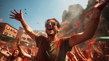 Exuberant Young Man Celebrating at Vibrant Tomato Festival