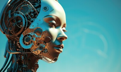 The face of a robot with gears and wires. Generative AI. - Powered by Adobe