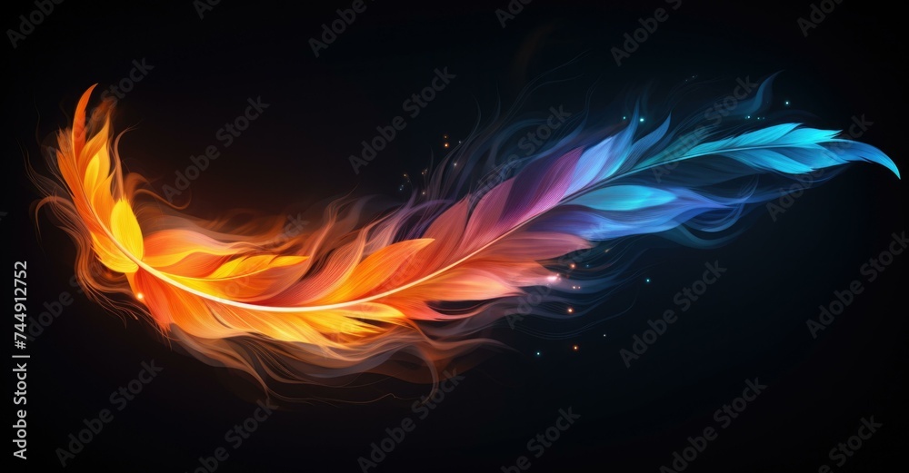 Wall mural A colorful feather on a black background. Generative AI.