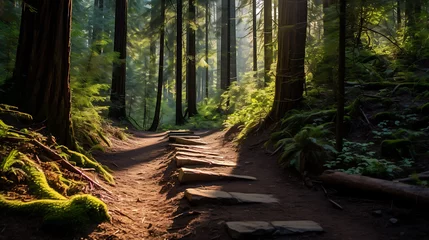 Foto op Aluminium A hiking trail leading through a dense forest. © Muhammad