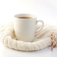 Obraz na płótnie Canvas A cup of coffee and a knitted scarf on a white background. Generative AI.