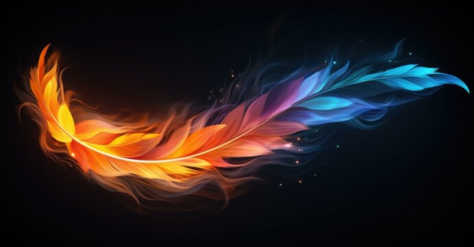 A colorful feather on a black background. Generative AI.