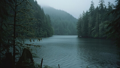 Photo of a pacific northwest forrest on a rainy day, foggy and mystic mountain forrest, gloomy dark forest during a foggy day, North Vancouver, British Columbia, Canada, European forrest