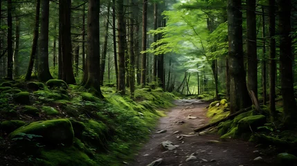 Store enrouleur Route en forêt A hiking trail leading through a dense forest.