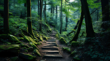 A hiking trail leading through a dense forest.