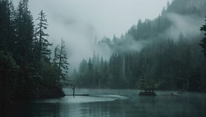 Photo of a pacific northwest forrest on a rainy day, foggy and mystic mountain forrest, gloomy dark forest during a foggy day, North Vancouver, British Columbia, Canada, European forrest