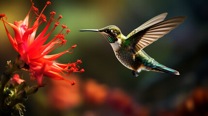 A hummingbird sipping nectar from a flower. - obrazy, fototapety, plakaty
