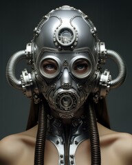 A woman wearing a silver gas mask. Generative AI.