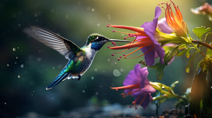 A hummingbird sipping nectar from a flower. - obrazy, fototapety, plakaty