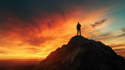 Foto op Plexiglas Warm oranje Silhueta resiliente contemplando o pôr do sol em uma montanha selvagem