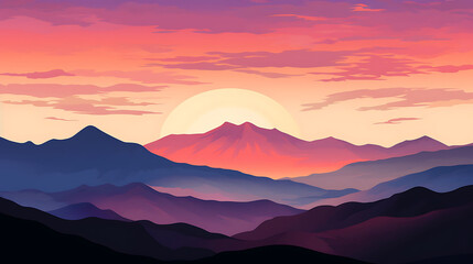 A mountain range silhouetted against a colorful sunset.
