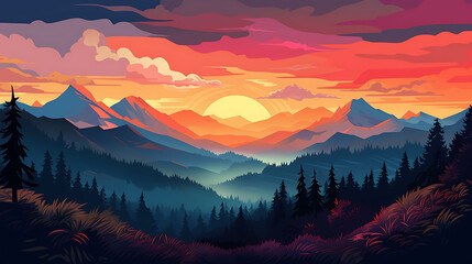 A mountain range silhouetted against a colorful sunset.