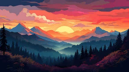 Keuken foto achterwand Mistige ochtendstond A mountain range silhouetted against a colorful sunset.