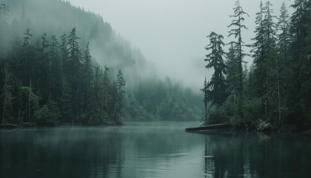 Photo of a pacific northwest forrest on a rainy day, foggy and mystic mountain forrest, gloomy dark forest during a foggy day, North Vancouver, British Columbia, Canada, European forrest