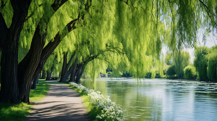 A peaceful row of willow trees by a river. - obrazy, fototapety, plakaty
