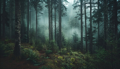 Fototapeta premium Photo of a pacific northwest forrest on a rainy day, foggy and mystic mountain forrest, gloomy dark forest during a foggy day, North Vancouver, British Columbia, Canada, European forrest
