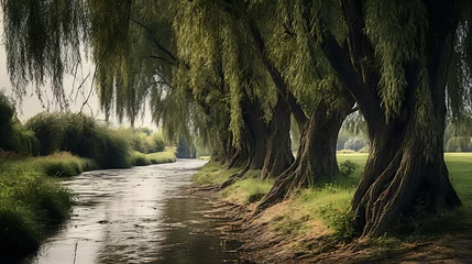 Fotobehang A peaceful row of willow trees by a river. © Muhammad