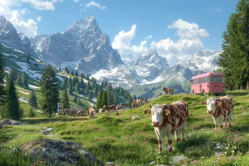 Fotobehang An Alpine village, cows grazing on green pastures.cow on farm organic concept © boyhey