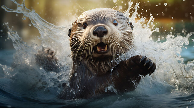 A Playful Otter Splashing In The Water.