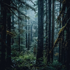 Obraz premium Photo of a pacific northwest forrest on a rainy day, foggy and mystic mountain forrest, gloomy dark forest during a foggy day, North Vancouver, British Columbia, Canada, European forrest