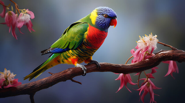A rainbow lorikeet perched on a branch.