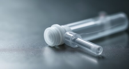  Clear syringe with white plunger on reflective surface