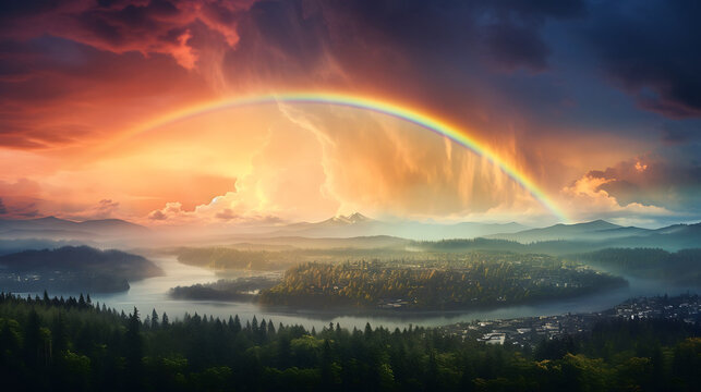 A rainbow stretching across the sky after a storm.