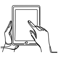 Close up hand holding modern smart phone mockup. Continuous black single lines drawing art icon. Finger touching blank screen transparent background vector