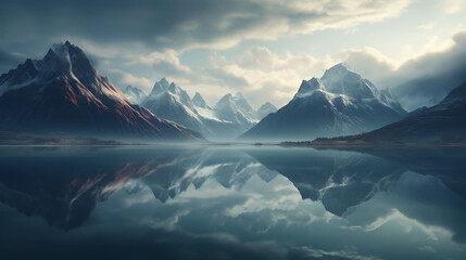 A reflection of mountains in a tranquil lake. - obrazy, fototapety, plakaty